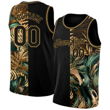 Load image into Gallery viewer, Custom Black Old Gold 3D Pattern Tropical Hawaii Palm Leaves Authentic Basketball Jersey