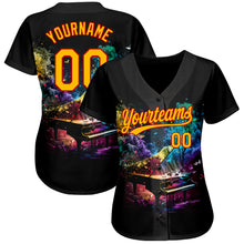 Load image into Gallery viewer, Custom Black Gold-Red 3D Pattern Design Music Festival Piano With Colorful Smoke Authentic Baseball Jersey