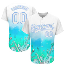 Load image into Gallery viewer, Custom White Light Blue 3D Pattern Design Music Festival Musical Instruments Authentic Baseball Jersey