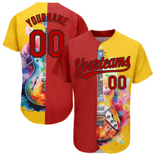 Load image into Gallery viewer, Custom Yellow Red-Black 3D Pattern Design Music Festival Watercolor Guitar Authentic Baseball Jersey