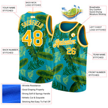 Load image into Gallery viewer, Custom Teal Gold-White 3D Pattern Tropical Hawaii Leaves Authentic Basketball Jersey