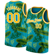 Load image into Gallery viewer, Custom Teal Gold-White 3D Pattern Tropical Hawaii Leaves Authentic Basketball Jersey