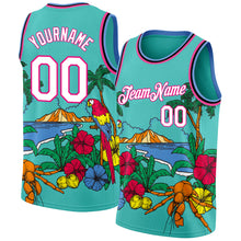 Load image into Gallery viewer, Custom Aqua Pink Light Blue-Black 3D Pattern Tropical Beach Hawaii Palm Trees Authentic Basketball Jersey