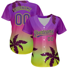Load image into Gallery viewer, Custom Purple Neon Green 3D Pattern Design Hawaii Palm Trees Authentic Baseball Jersey