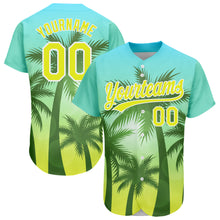 Load image into Gallery viewer, Custom Light Blue Neon Yellow-White 3D Pattern Design Hawaii Palm Trees Authentic Baseball Jersey