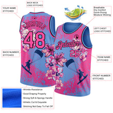 Load image into Gallery viewer, Custom Light Blue Pink-Black 3D Pattern Flowers And Beach Surfing Authentic Basketball Jersey
