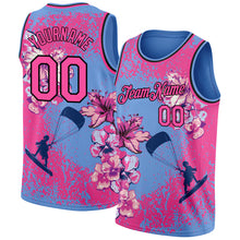 Load image into Gallery viewer, Custom Light Blue Pink-Black 3D Pattern Flowers And Beach Surfing Authentic Basketball Jersey