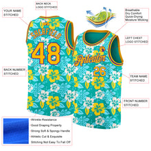 Load image into Gallery viewer, Custom Aqua Gold-Purple 3D Pattern Hawaii Flowers Authentic Basketball Jersey