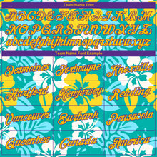 Load image into Gallery viewer, Custom Aqua Gold-Purple 3D Pattern Hawaii Flowers Authentic Basketball Jersey