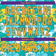 Load image into Gallery viewer, Custom Aqua Gold-Purple 3D Pattern Hawaii Flowers Authentic Basketball Jersey