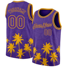Load image into Gallery viewer, Custom Purple Gold 3D Pattern Hawaii Palm Trees Authentic Basketball Jersey
