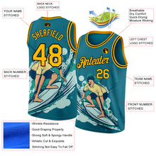 Load image into Gallery viewer, Custom Teal Gold-Black 3D Pattern Beach Surfing Authentic Basketball Jersey