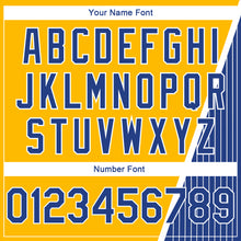 Load image into Gallery viewer, Custom Gold Royal-White Triangle Pinstripes Authentic City Edition Basketball Jersey