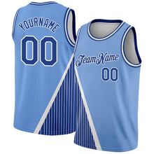Load image into Gallery viewer, Custom Light Blue Royal-White Triangle Pinstripes Authentic City Edition Basketball Jersey