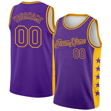 Load image into Gallery viewer, Custom Purple Gold Side Panel Stars Authentic City Edition Basketball Jersey