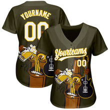 Load image into Gallery viewer, Custom Olive White-Yellow 3D Pattern Design Beer And Music Authentic Baseball Jersey