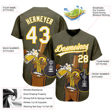 Load image into Gallery viewer, Custom Olive White-Yellow 3D Pattern Design Beer And Music Authentic Baseball Jersey