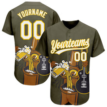 Load image into Gallery viewer, Custom Olive White-Yellow 3D Pattern Design Beer And Music Authentic Baseball Jersey