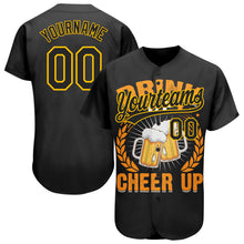 Load image into Gallery viewer, Custom Black Yellow 3D Pattern Design International Beer Day Authentic Baseball Jersey