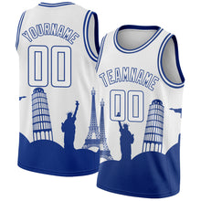 Load image into Gallery viewer, Custom White Royal Holiday Travel Monuments Silhouette Authentic City Edition Basketball Jersey