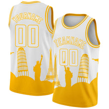 Load image into Gallery viewer, Custom White Gold Holiday Travel Monuments Silhouette Authentic City Edition Basketball Jersey