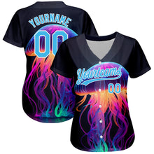 Load image into Gallery viewer, Custom Black Sky Blue-White 3D Pattern Design Neon Jellyfish Authentic Baseball Jersey