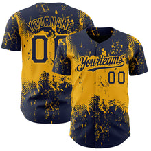 Load image into Gallery viewer, Custom Navy Gold 3D Pattern Design Abstract Splatter Grunge Art Authentic Baseball Jersey