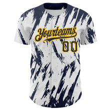 Load image into Gallery viewer, Custom White Navy-Gold 3D Pattern Design Abstract Sharp Shape Authentic Baseball Jersey
