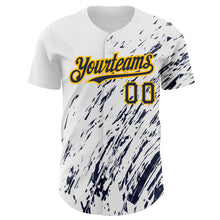 Load image into Gallery viewer, Custom White Navy-Gold 3D Pattern Design Abstract Splash Authentic Baseball Jersey