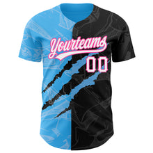 Load image into Gallery viewer, Custom Graffiti Pattern Black Sky Blue-Pink 3D Scratch Authentic Baseball Jersey