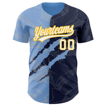 Load image into Gallery viewer, Custom Graffiti Pattern Navy Light Blue-Gold 3D Scratch Authentic Baseball Jersey
