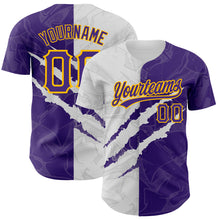 Load image into Gallery viewer, Custom Graffiti Pattern Purple-Gold 3D Scratch Authentic Baseball Jersey