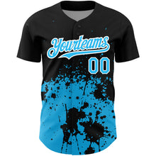 Load image into Gallery viewer, Custom Black Sky Blue-White 3D Pattern Design Abstract Splash Grunge Art Authentic Baseball Jersey