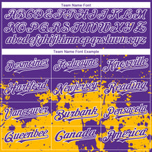 Load image into Gallery viewer, Custom Purple Gold-White 3D Pattern Design Abstract Splash Grunge Art Authentic Baseball Jersey