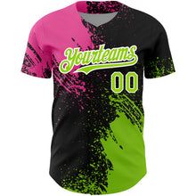 Load image into Gallery viewer, Custom Black Neon Green-Pink 3D Pattern Design Abstract Brush Stroke Authentic Baseball Jersey