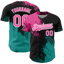 Load image into Gallery viewer, Custom Black Pink-Teal 3D Pattern Design Abstract Brush Stroke Authentic Baseball Jersey