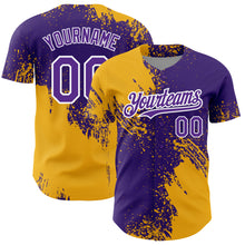 Load image into Gallery viewer, Custom Purple Gold-White 3D Pattern Design Abstract Brush Stroke Authentic Baseball Jersey