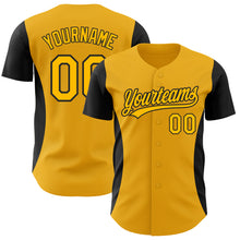 Load image into Gallery viewer, Custom Gold Black 3D Pattern Design Side Stripes Authentic Baseball Jersey