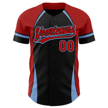Load image into Gallery viewer, Custom Black Red-Light Blue 3D Pattern Design Curve Solid Authentic Baseball Jersey