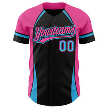 Load image into Gallery viewer, Custom Black Sky Blue-Pink 3D Pattern Design Curve Solid Authentic Baseball Jersey