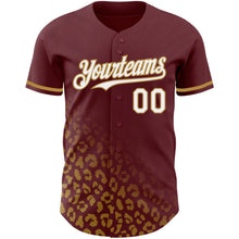Load image into Gallery viewer, Custom Burgundy White-Old Gold 3D Pattern Design Leopard Print Fade Fashion Authentic Baseball Jersey