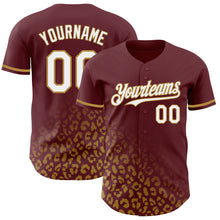 Load image into Gallery viewer, Custom Burgundy White-Old Gold 3D Pattern Design Leopard Print Fade Fashion Authentic Baseball Jersey