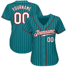 Load image into Gallery viewer, Custom Teal White Pinstripe White-Red Authentic Baseball Jersey