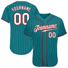 Load image into Gallery viewer, Custom Teal White Pinstripe White-Red Authentic Baseball Jersey