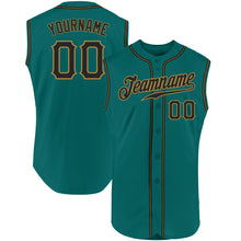 Load image into Gallery viewer, Custom Aqua Black-Old Gold Authentic Sleeveless Baseball Jersey