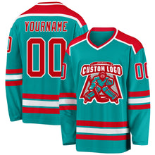 Load image into Gallery viewer, Custom Aqua Red-White Hockey Jersey