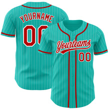 Load image into Gallery viewer, Custom Aqua White Pinstripe Red Authentic Baseball Jersey