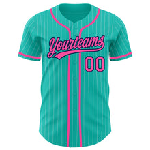 Load image into Gallery viewer, Custom Aqua White Pinstripe Pink-Navy Authentic Baseball Jersey