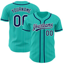 Load image into Gallery viewer, Custom Aqua White Pinstripe Navy Authentic Baseball Jersey