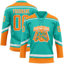 Load image into Gallery viewer, Custom Aqua Bay Orange-White Hockey Lace Neck Jersey